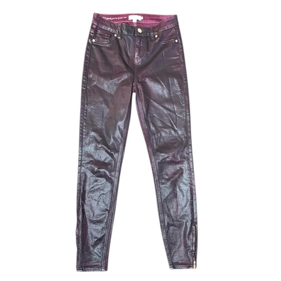 TED BAKER London Wax Oil Coated Denim Burgundy Floral Mid Rise Ankle Zip Size 26 - Picture 1 of 11